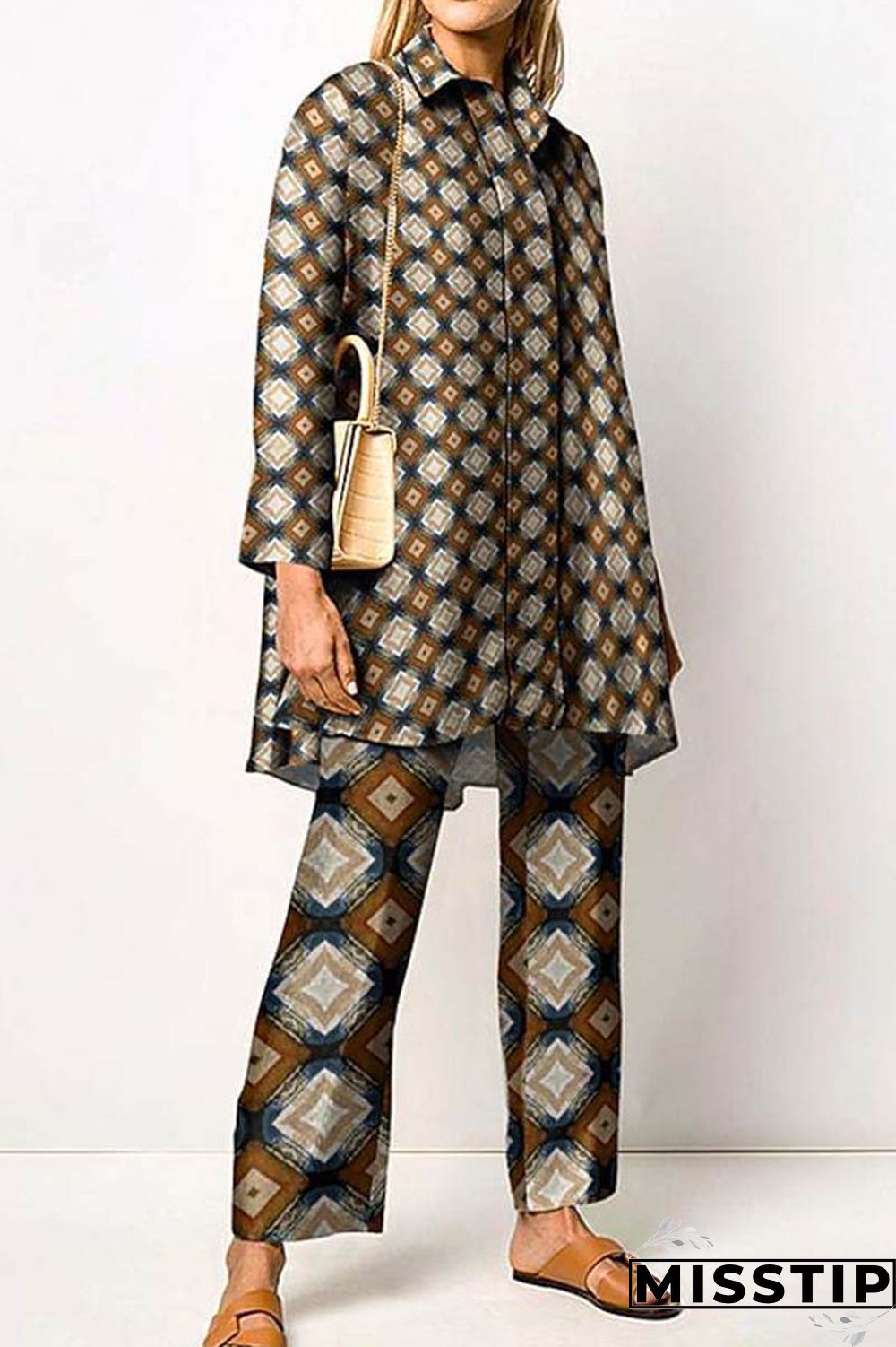 Orange Casual Print Patchwork Shirt Collar Long Sleeve Two Pieces