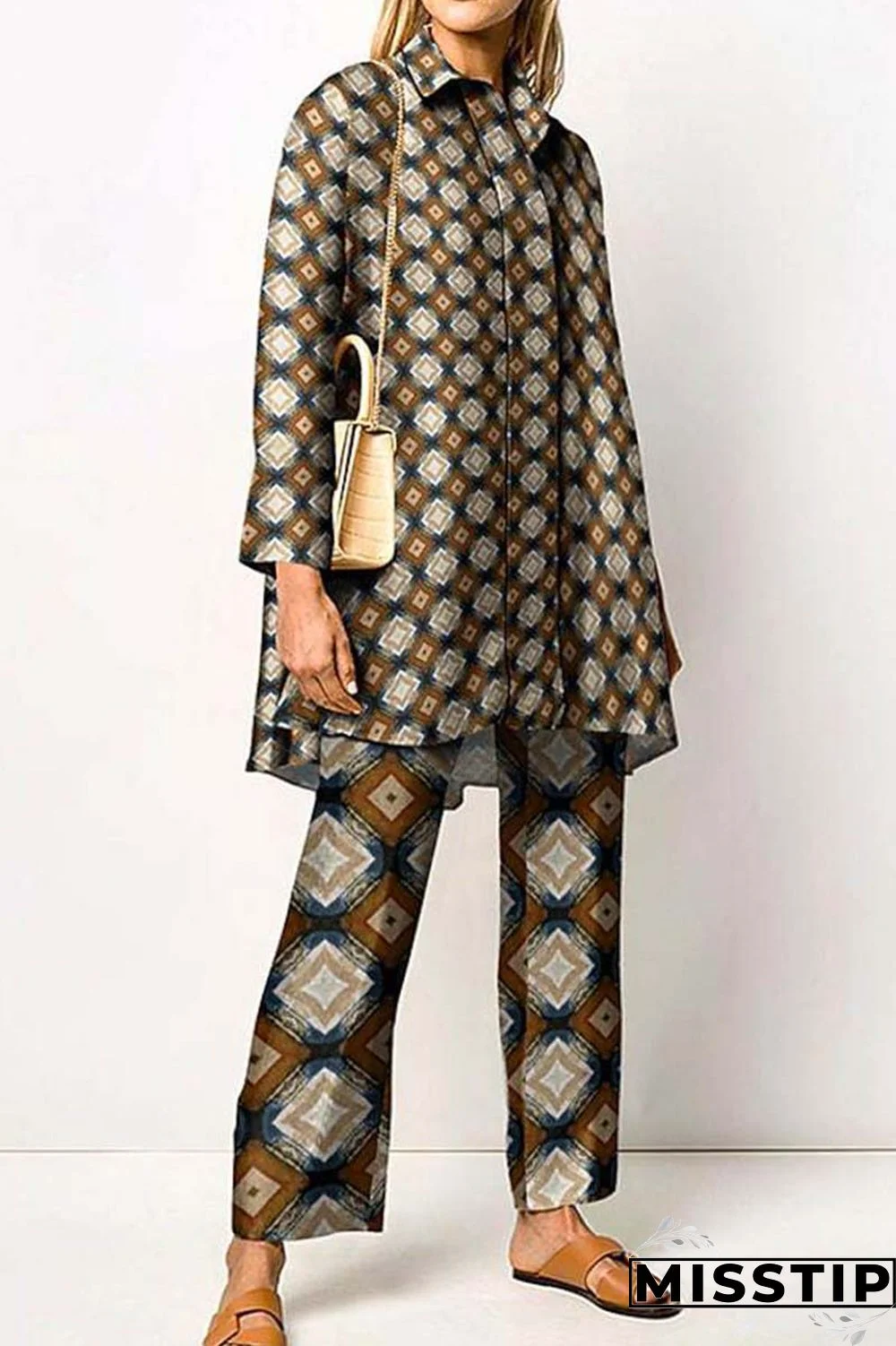 Orange Casual Print Patchwork Shirt Collar Long Sleeve Two Pieces