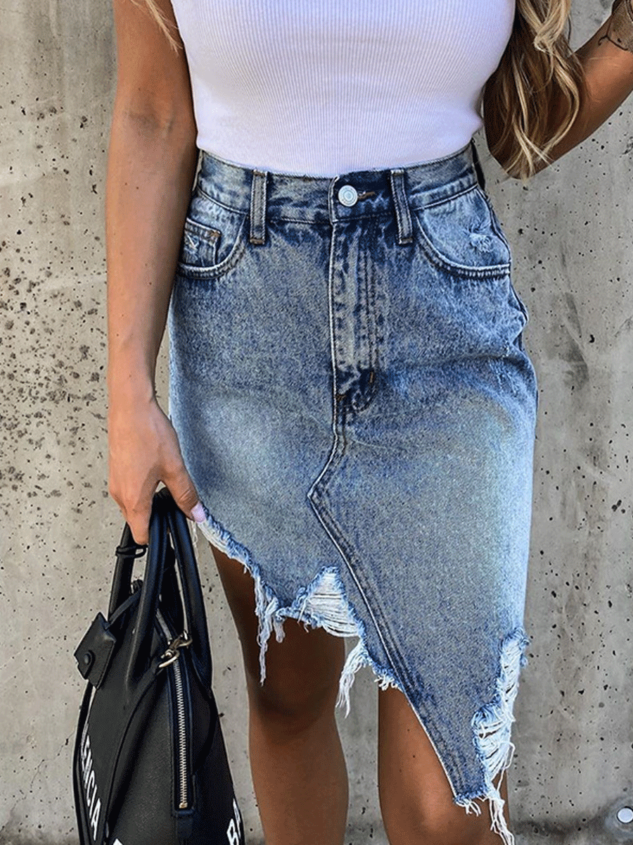 Denim Skirt With Irregular Tassels