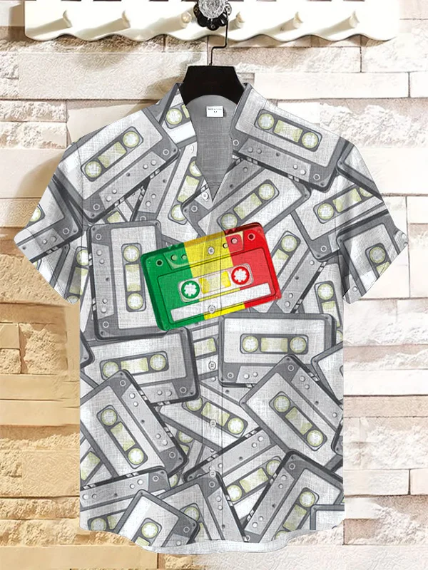 Men's Special Reggae Music Tape Print Casual Linen Blend Shirt