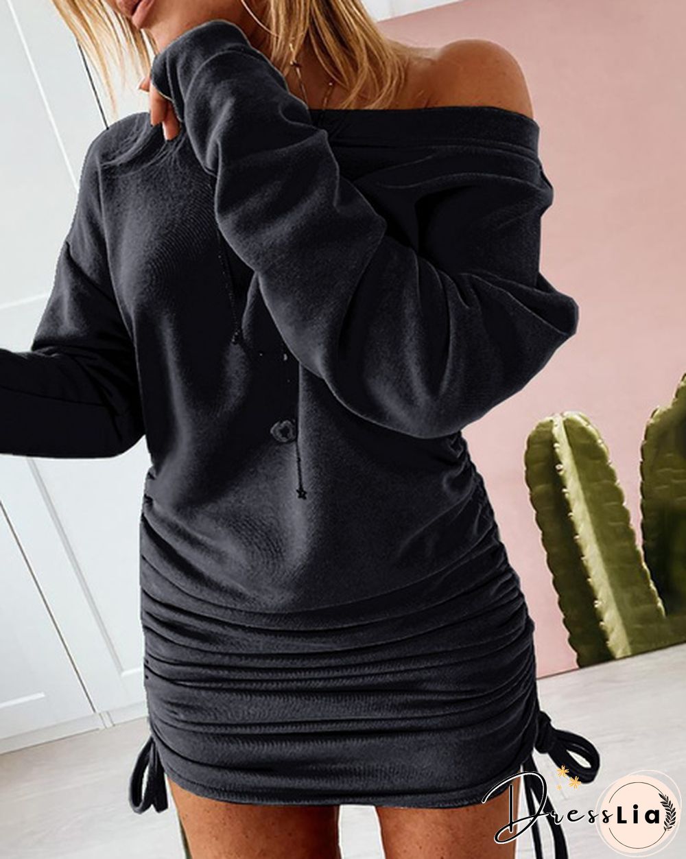 Women Fashion Sexy Off Shoulder Ruched Drawstring Bodycon Mini Dress Casual Solid Color Long Sleeve Pullover Sweatshirt Autumn Winter Ladies Cotton Long Tops Blouses Plus Size S-5XL