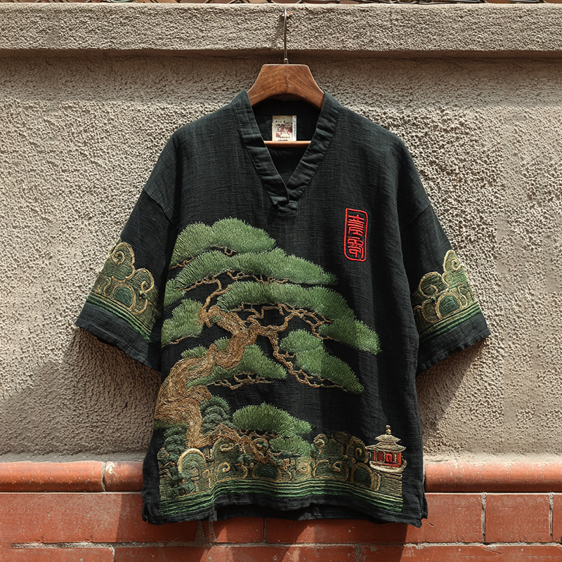 Men's  Japanese Pine Tree Art V-neck Linen Blend T-shirt elevenforest