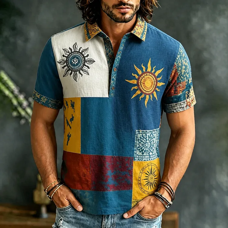 Men's Casual Retro Sun And Moon Hippie Print Polo Shirt
