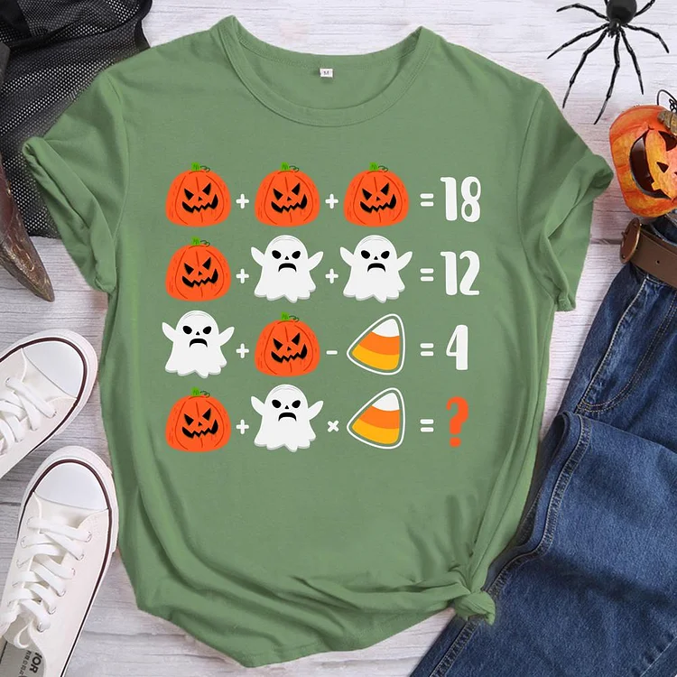 Pumpkin Ghost Math Calculations Round Neck T-shirt-0019602