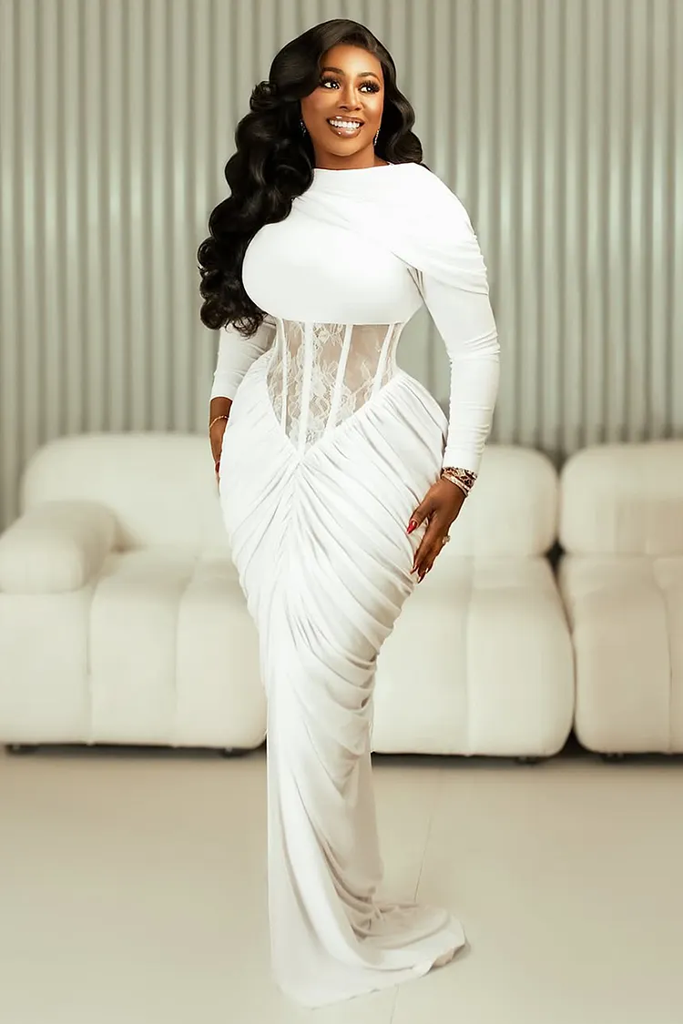 Lace Corset Long Sleeve Ruched Mermaid Party Maxi Dresses-White [Pre Order]