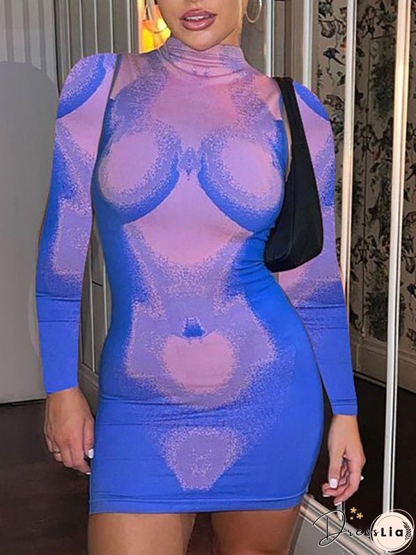Slim High Neck Long Sleeve Printed Mini Dress