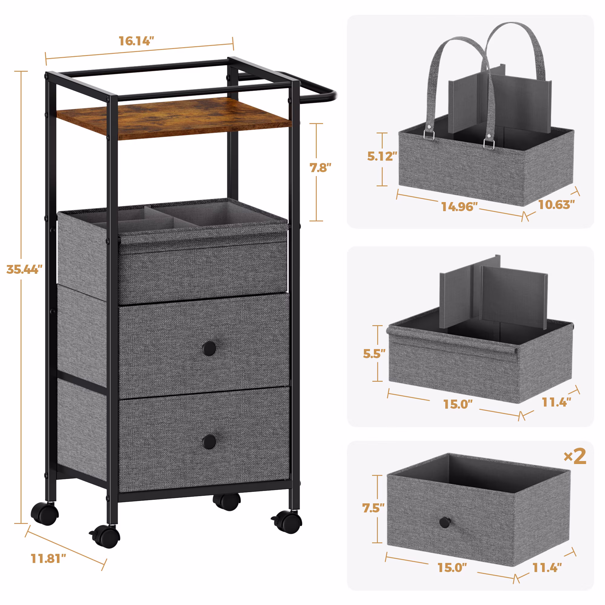 Baby Diaper Caddy Organizer Cart with Drawers - 3In1 Rolling Storage Cart with Wheels, Removable Diaper Caddy, Detachable Dividers - for Crib, Bedroom, Art & Craft Organizer (Black)
