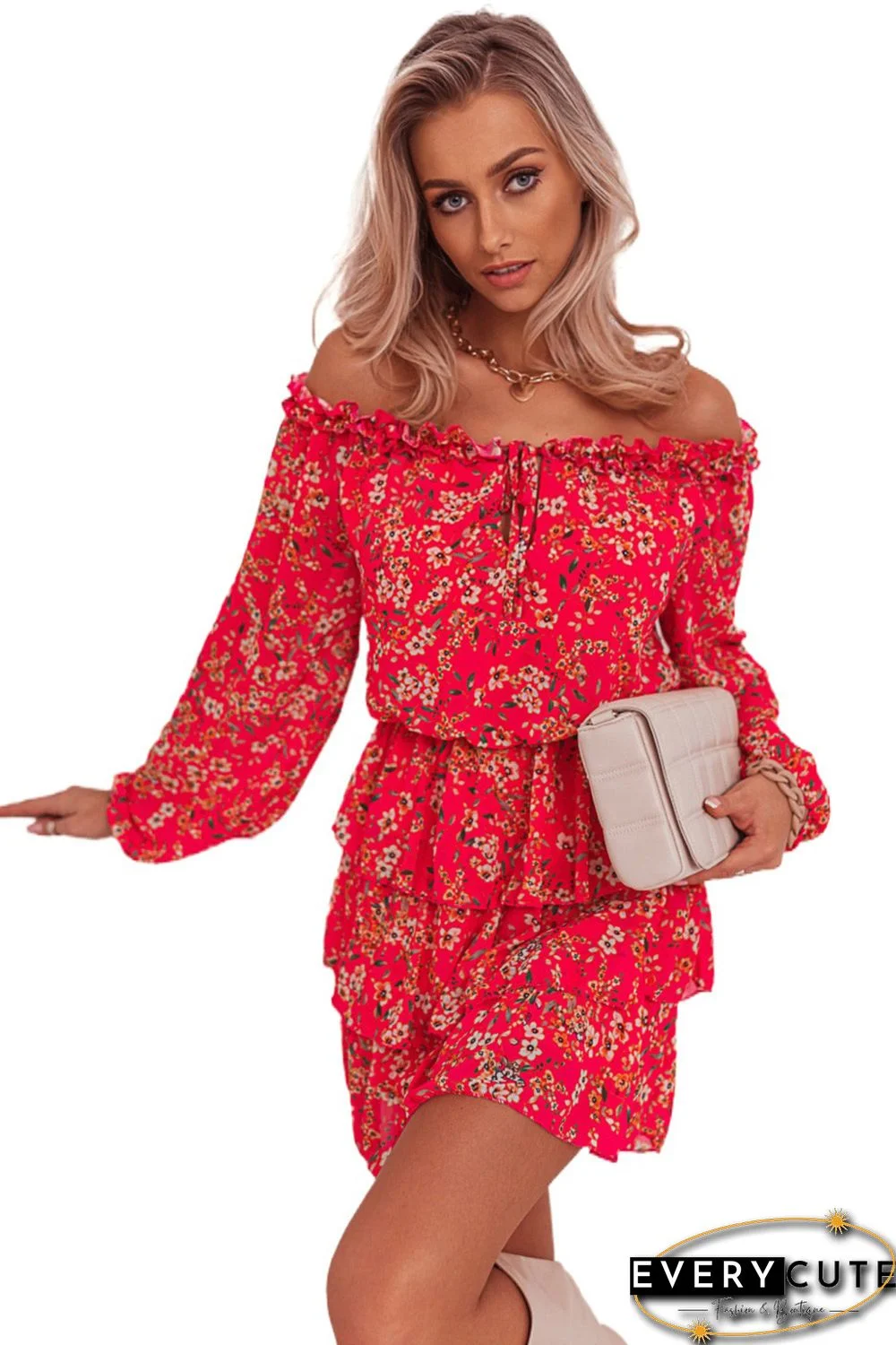 Red Frilled Neckline Tiered Ruffled Floral Dress