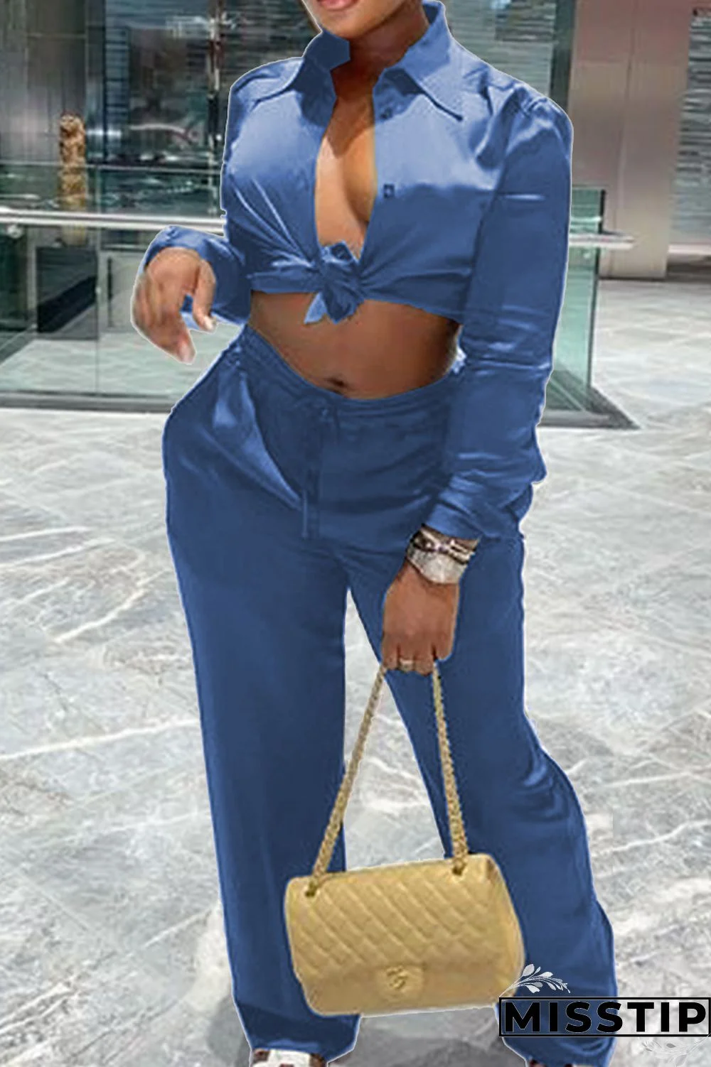 Blue Fashion Casual Solid Basic Turndown Collar Long Sleeve Two Pieces
