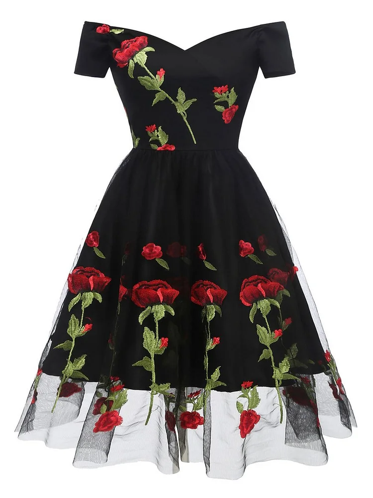Mayoulove Vintage Off Shoulder Rose Embroidery Dress-Mayoulove