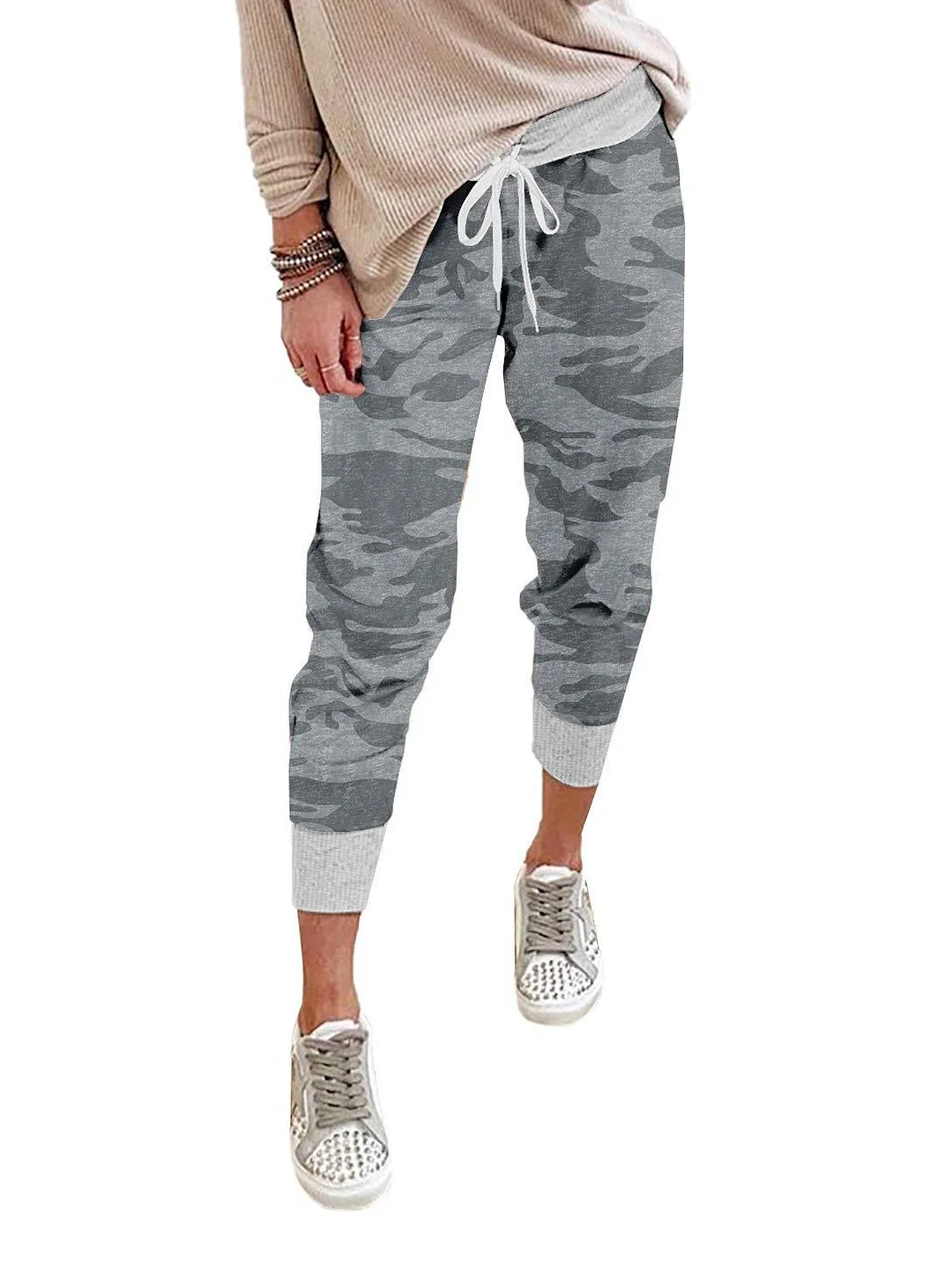 Brownm Hemp Blended Print Casual Drawstring Jogging Pants