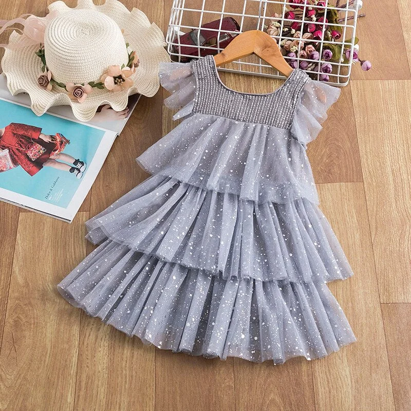 Summer Girls Short Sleeve Party Princess Dress Kids Sequin Shiny Layers Tulle Ball Gown Elegant Children Casual Kid Daily Cloth