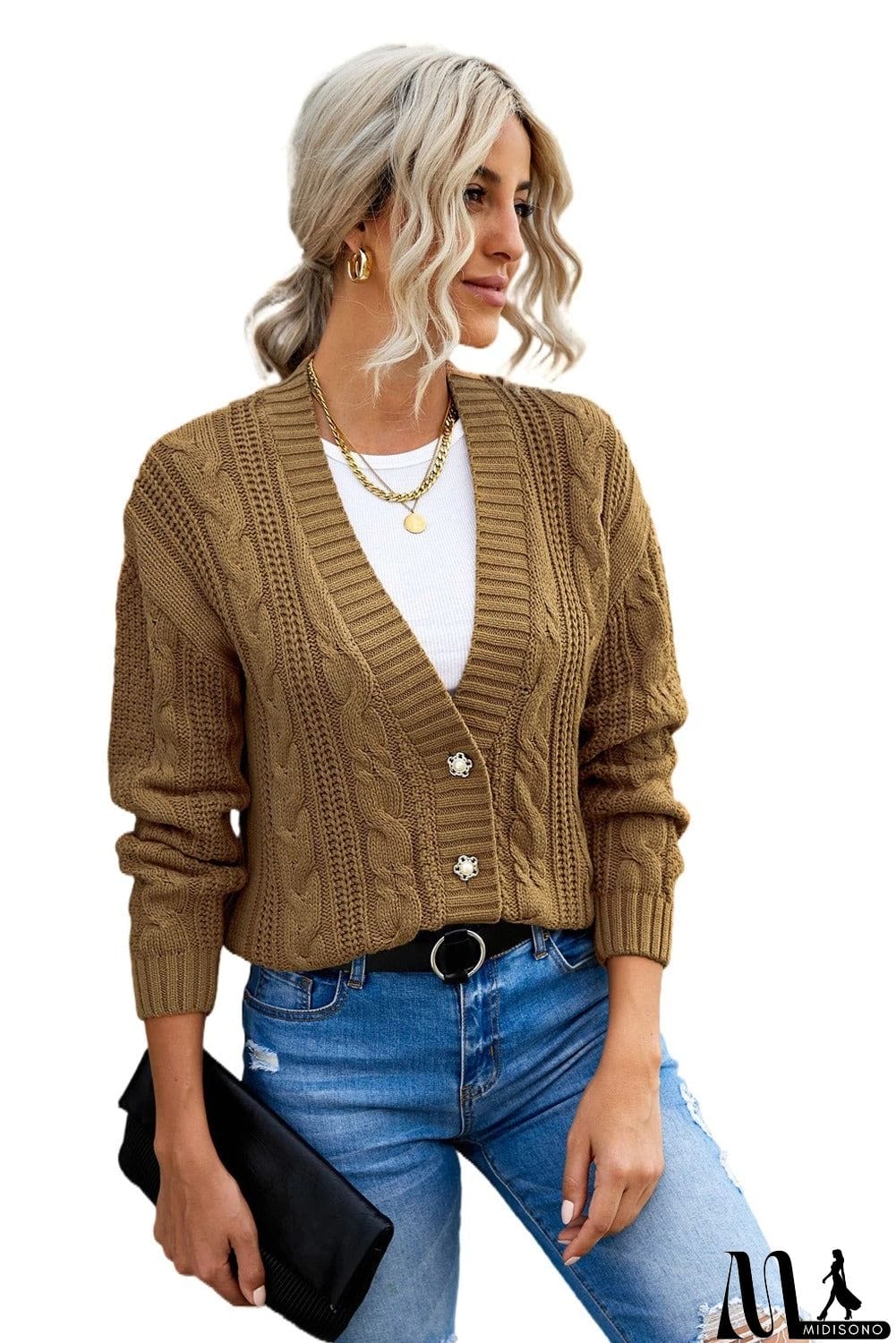 MidiSono - Buttons Weave Knit Cardigan