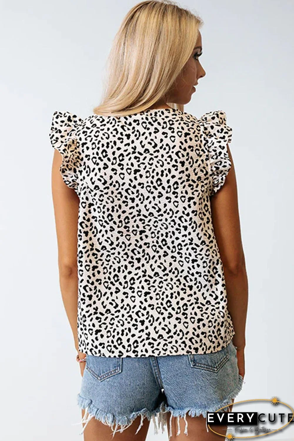 Leopard Ruffle Sleeve Embellished V-neck Blouse