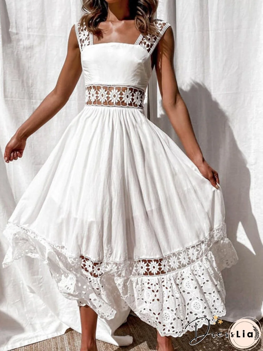 Solid Sleeveless Lace Hollow-out White Dress P15285