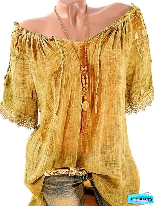Solid Color Off Shoulder Ruffle Short Sleeve Blouse Tops