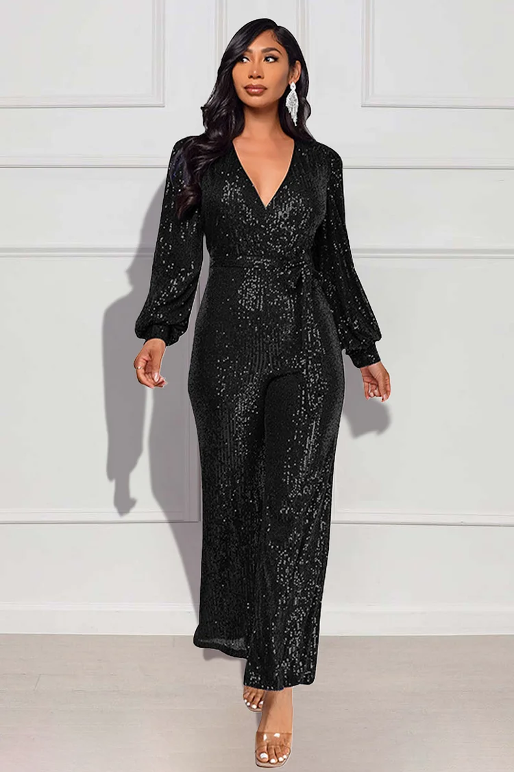 Sequin Deep V Neck Long Sleeve Tie Up Straight Leg Party Jumpsuit-Silver