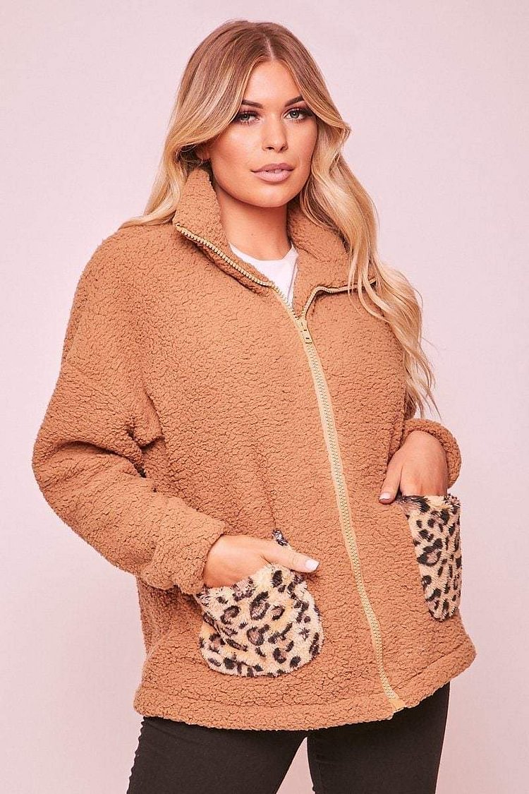 Camel Faux Fur Leopard Pocket Jacket Katch Me