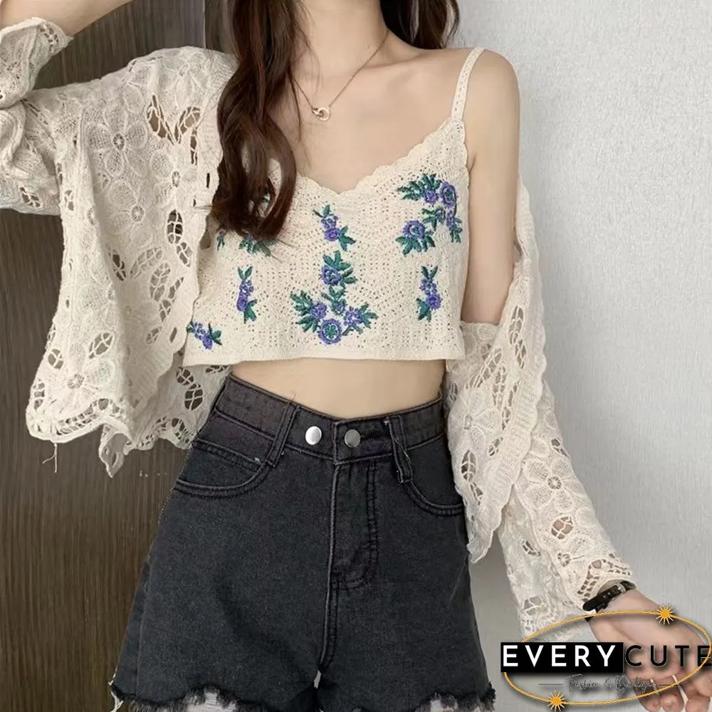 Womens Floral Embroidery Camis Crop TopSummer Cotton Crochet Sweet Tops Sleeveless Retro