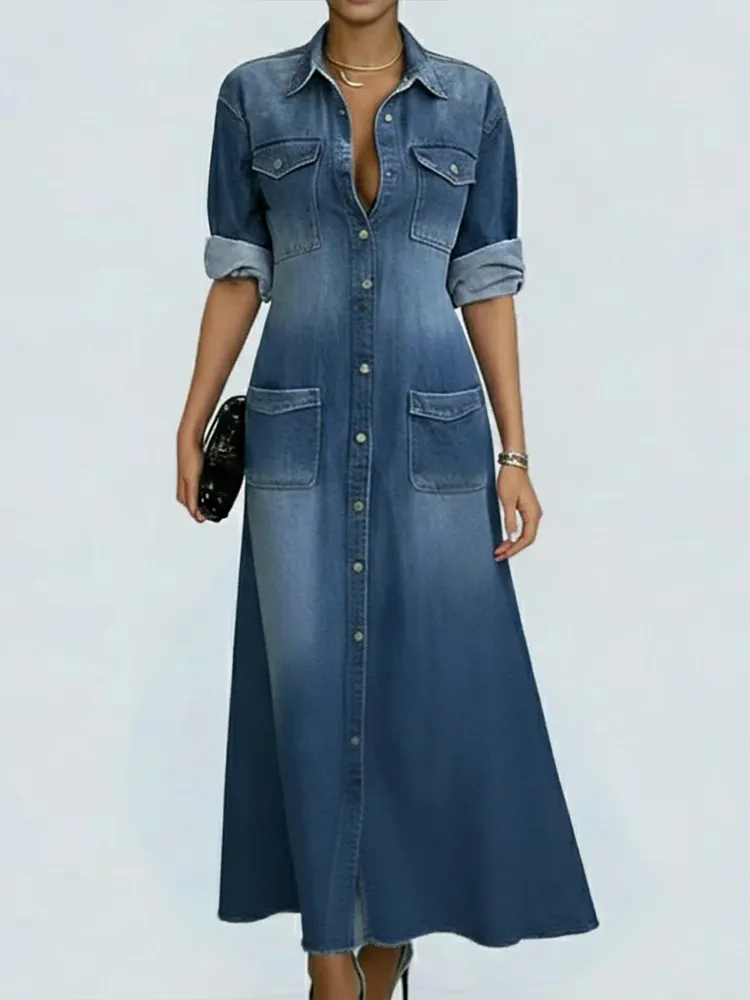 Women's Lapel Long-sleeved Casual Loose Denim Shirt Dress