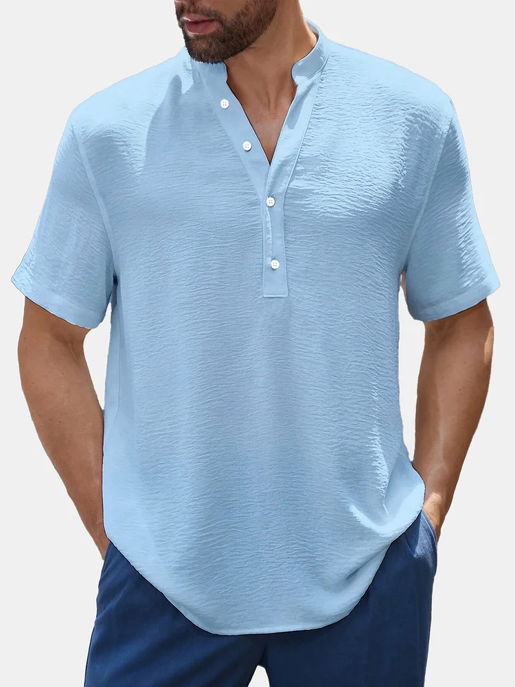 Men's Summer Solid Button Puff Wrinkle Short Sleeve Shirt