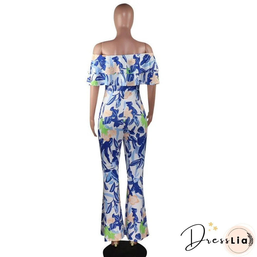 Sexy Off Shoulder Ruffles Floral Printed Wide-legs Jumpsuit
