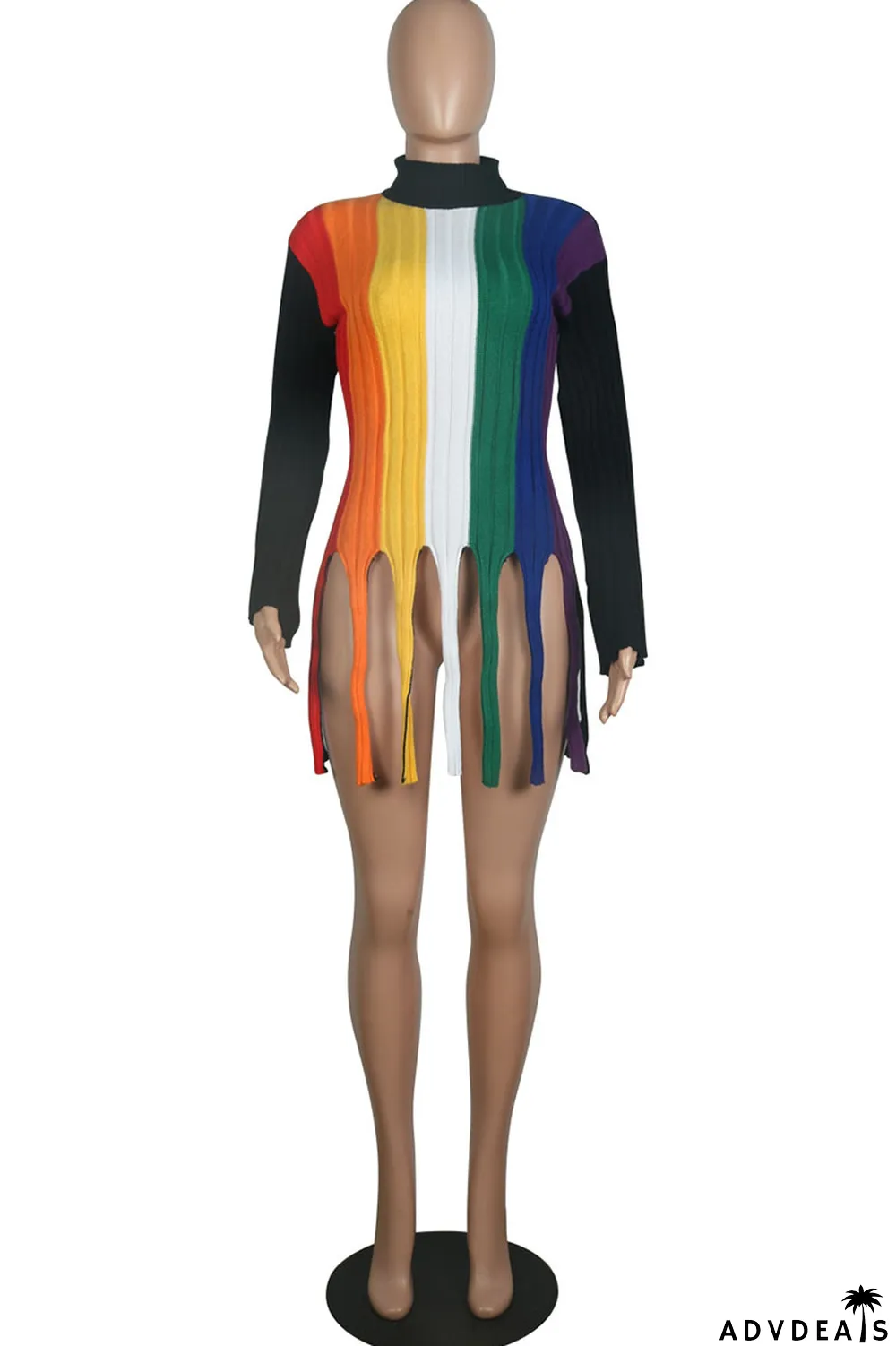 Colour Fashion Street Striped Tassel Split Joint O Neck Tops