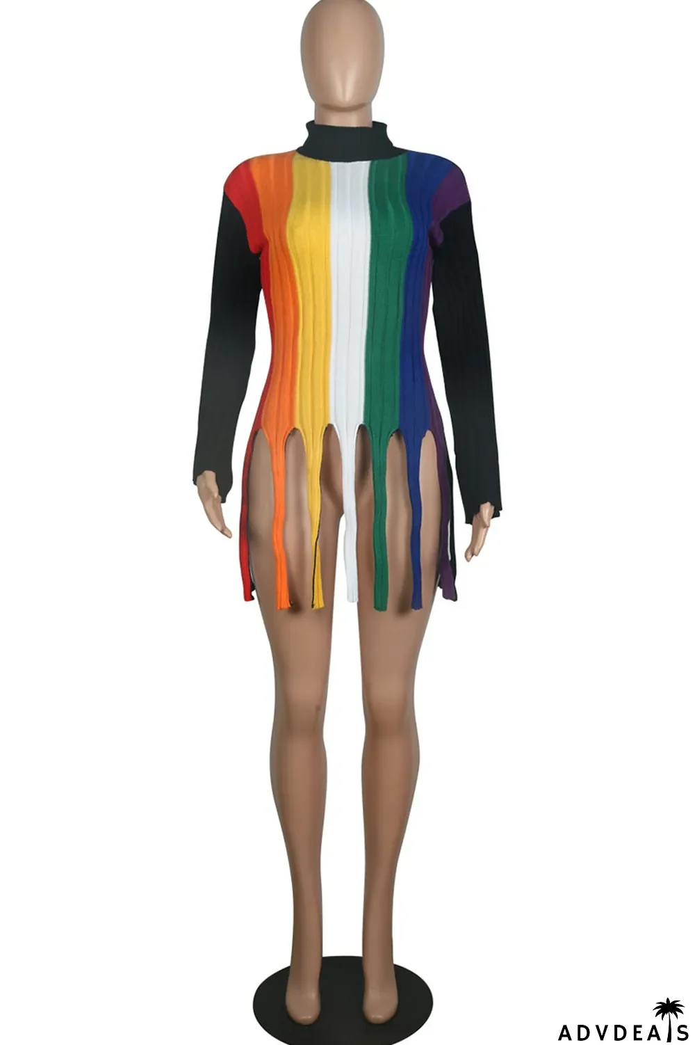 Colour Fashion Street Striped Tassel Split Joint O Neck Tops