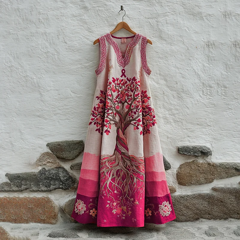 Women's Tree Of Life Pink Ribbon Embroidery V Neck Tank Midi Dress