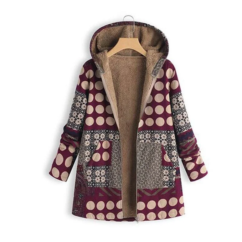 Women Print Winter Coat Casual PlusSize Fluffy Fleece Cozy Women Coat Warm Long Sleeve Zipper Hooded Female Coat Outwear