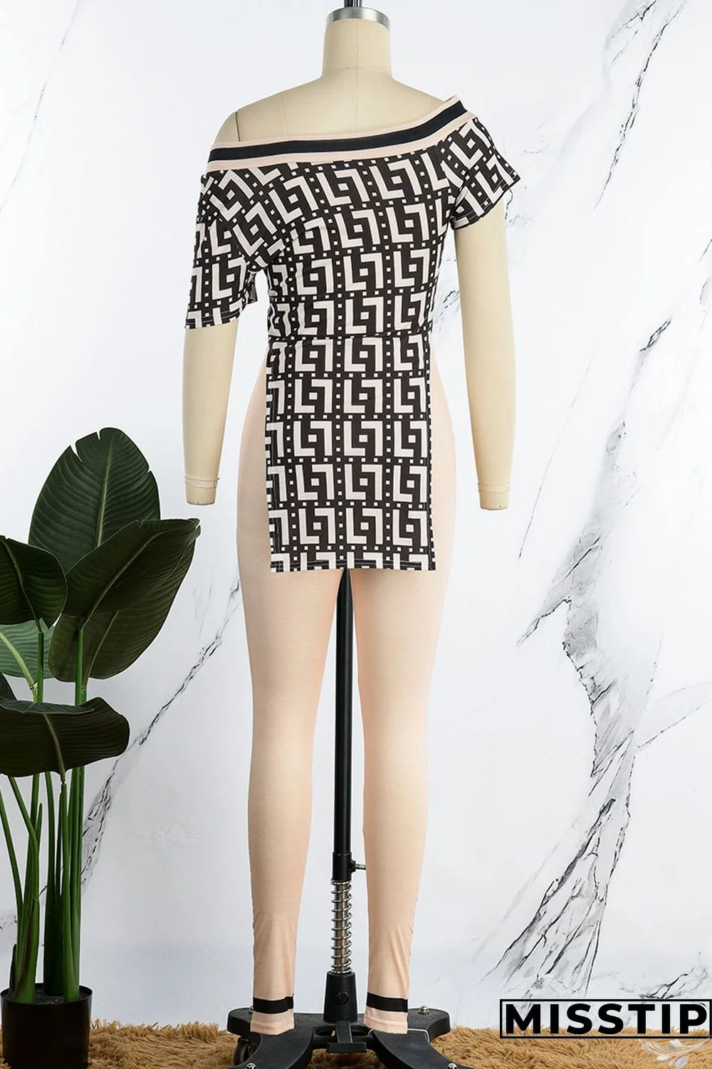 Black And White Casual Print Patchwork Slit Oblique Collar Short Sleeve Two Pieces