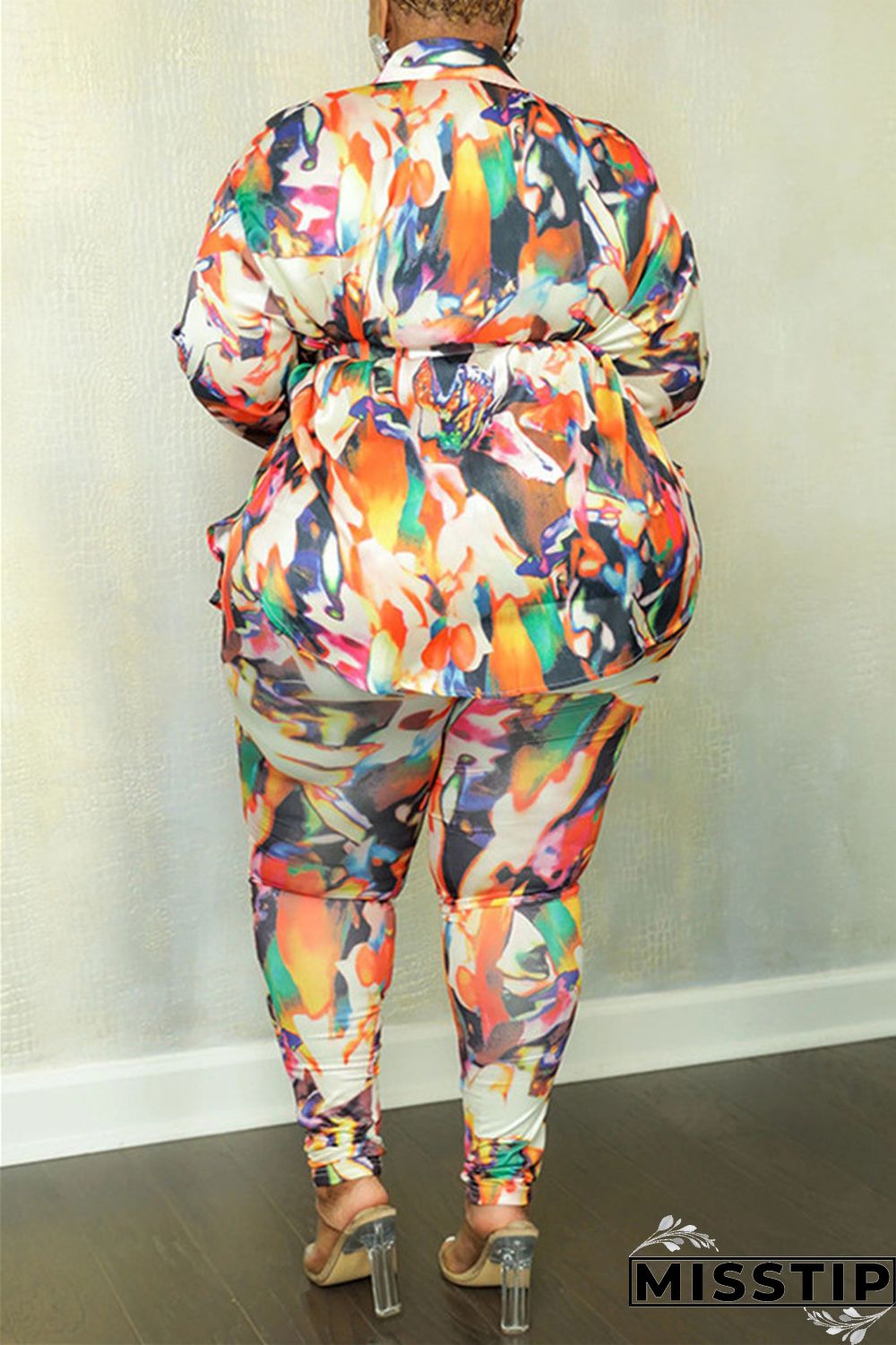 Orange Yellow Casual Print Patchwork Turndown Collar Plus Size Two Pieces