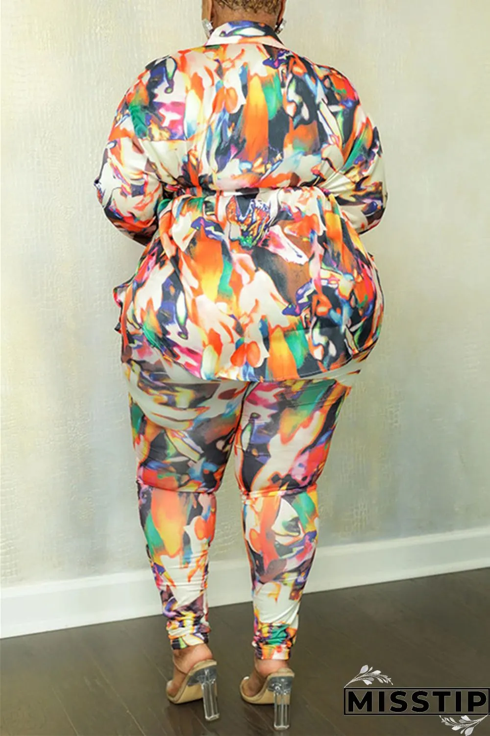 Orange Yellow Casual Print Patchwork Turndown Collar Plus Size Two Pieces