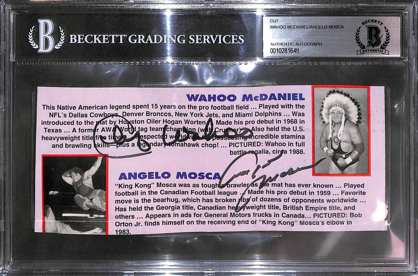 Wahoo McDaniel Angelo Mosca Signed 3x8 Cut Photo Poster painting BAS Beckett COA WWE NWA AFL CFL