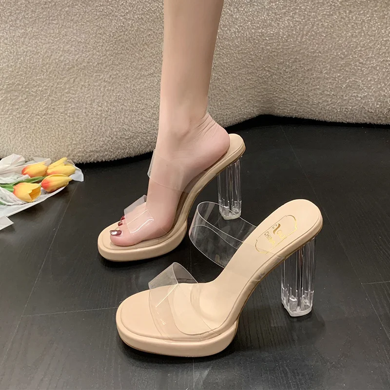 Breakj 2024 Large Clear Crystal High Heels Women's New Diamond Sandals And Slippers Pu Internet Celebrities