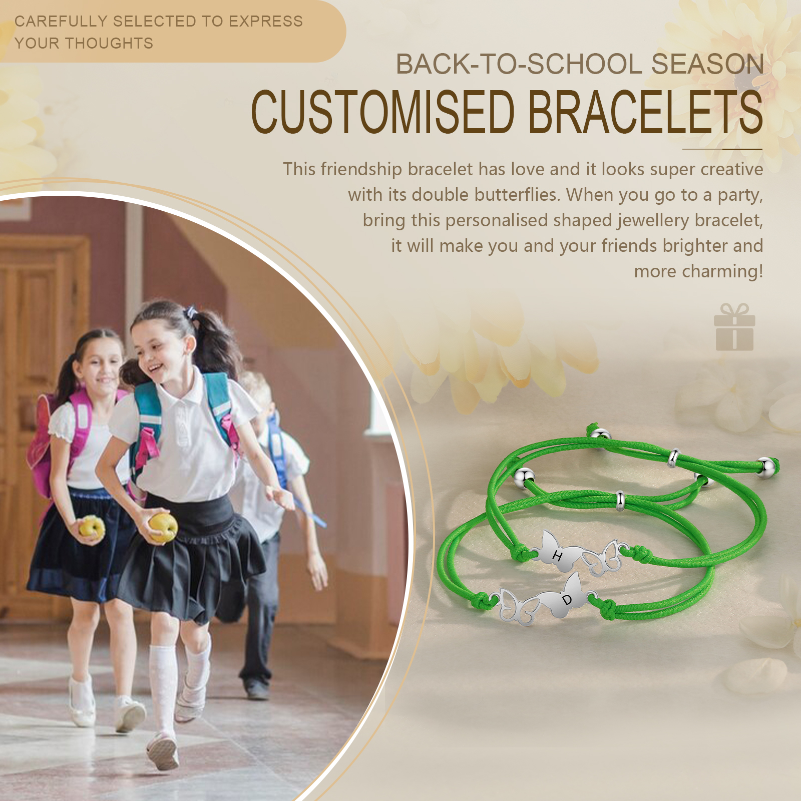 2 Pack Personalized Butterfly Elastic Cord Bracelet with Card and Gift Box, Customized 2 Letters, Gift for Daughter