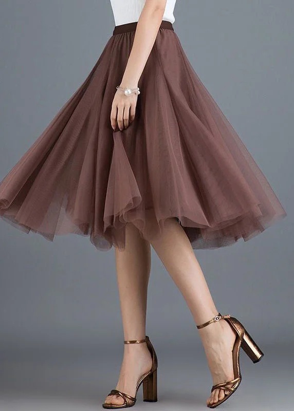 Fashion Brown High Waist Exra Large Hem Tulle Pleated Skirt Spring