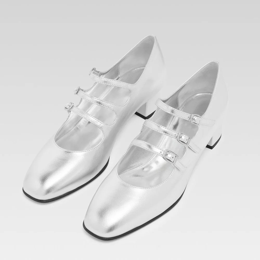 Women's Strappy Mary Jane Block Heel Silver Pumps with Buckle