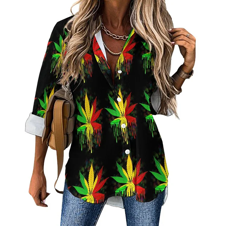 Cropped Hem Shirt Leaf Rasta Colors Dripping Paint  customized, personalized, gift