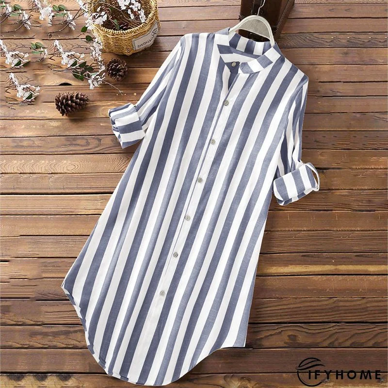 3/4 Sleeve Cotton Linen Striped Casual Casual Top & Tunic Blouse | IFYHOME