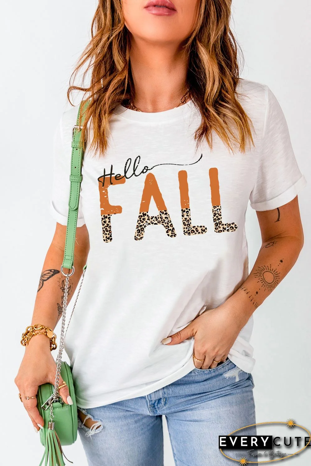 White Hello Fall Leopard Fun Graphic T Shirt