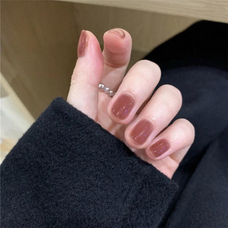 short false nails New Korean Jelly fake nails with glue Ins Elegent Pure Color Manicure Decorations Short Round False Nail Tips-Nail Inspo