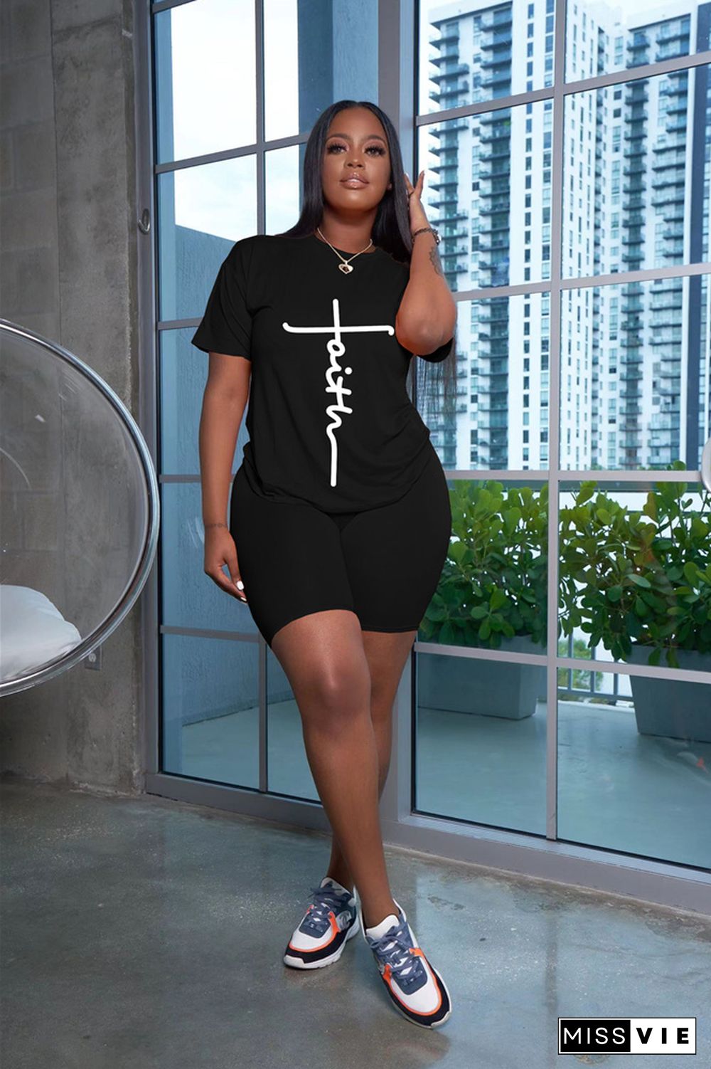 Letter Short Sleeve T Shirts and Shorts 2 Piece Outfits