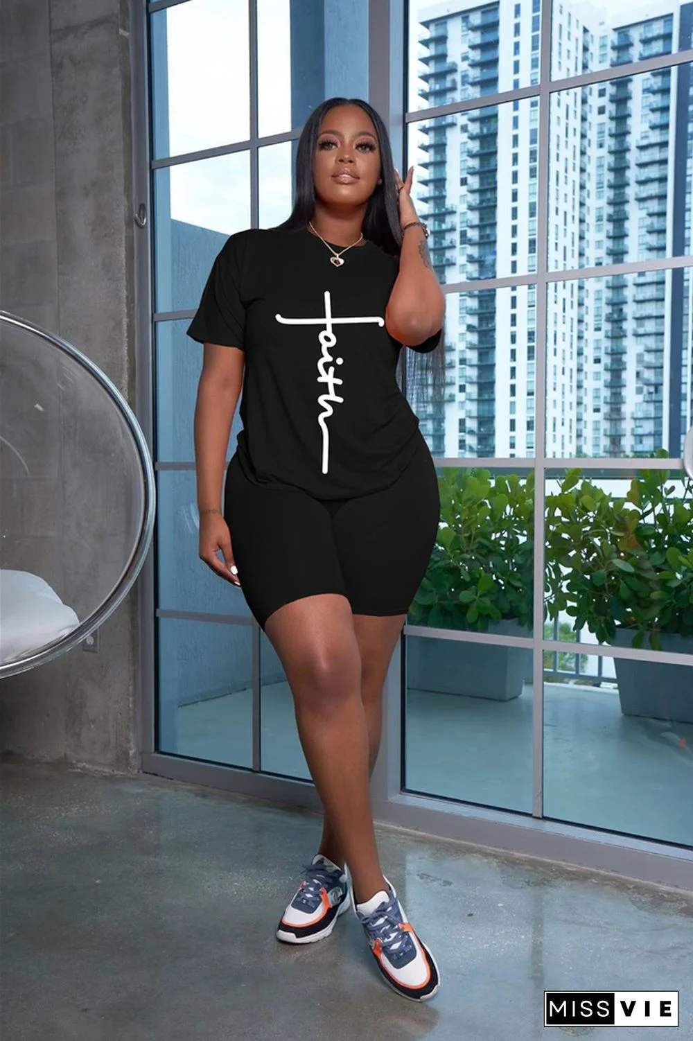 Letter Short Sleeve T Shirts and Shorts 2 Piece Outfits