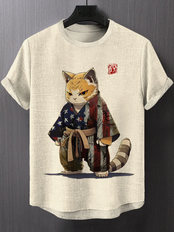 Men's Japanese Samurai Cat Art Print Casual T-Shirt