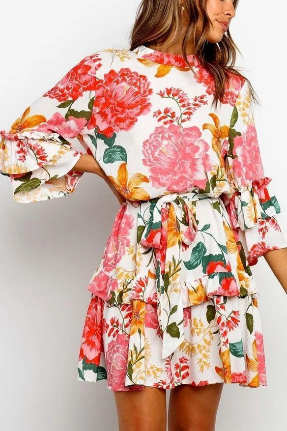 Flounce Lace-Up Floral Print Mini Dress