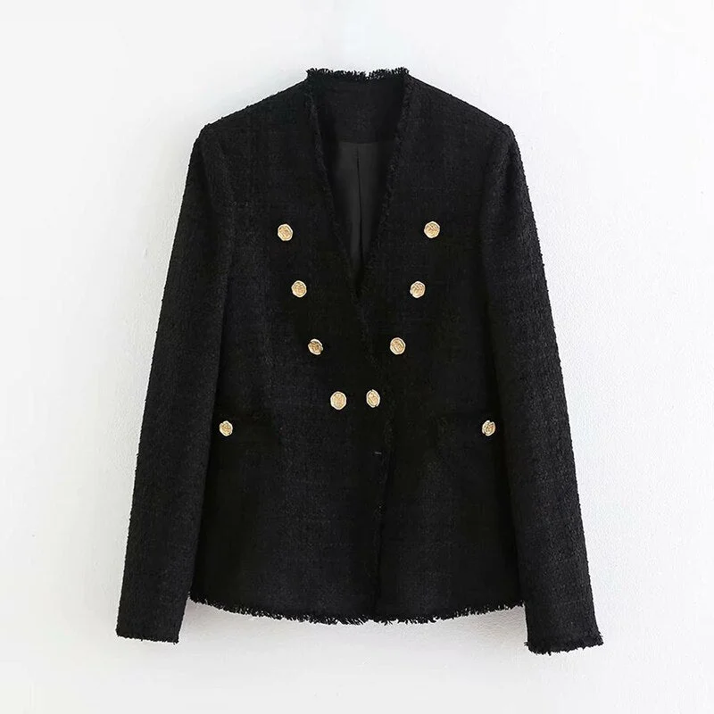 Fashion Black Color Blazer Women Double Breasted Long Sleeve Casual Coat Female V Neck Button Elegant Jacket Outwear Veste Femme