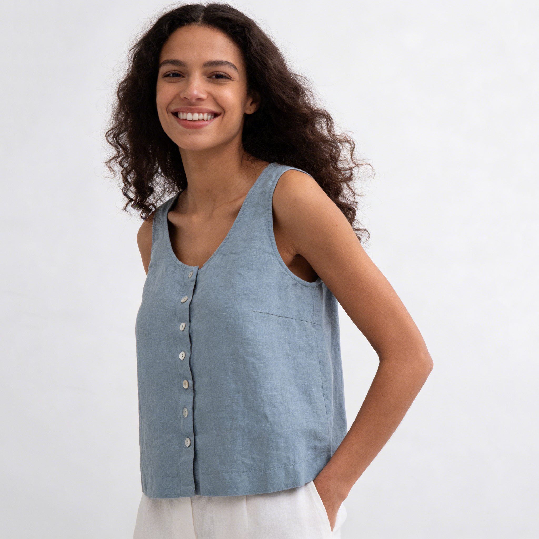 Linen Tank Top Women 100% Linen Button Front U Neck Summer Top Breathable REAL SILK LIFE