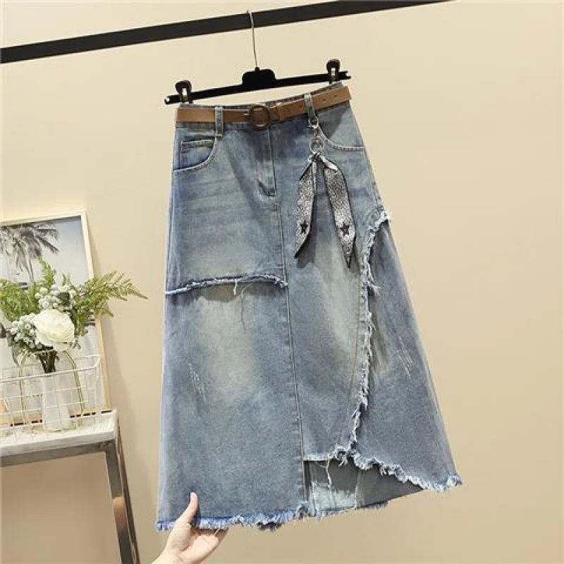 Toloer Toloer Autumn Dress New Show Thin Irregular A-Line Skirt Tall Waist Large Size Fat Mm Medium Long Denim Skirt Woman-Outfit Ideas