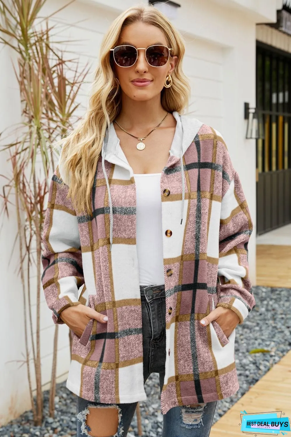 Drawstring Hooded Plaid Shacket Coat With Pocket